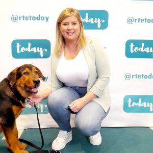 Nanci Creedon with a dog at RTÉ Today